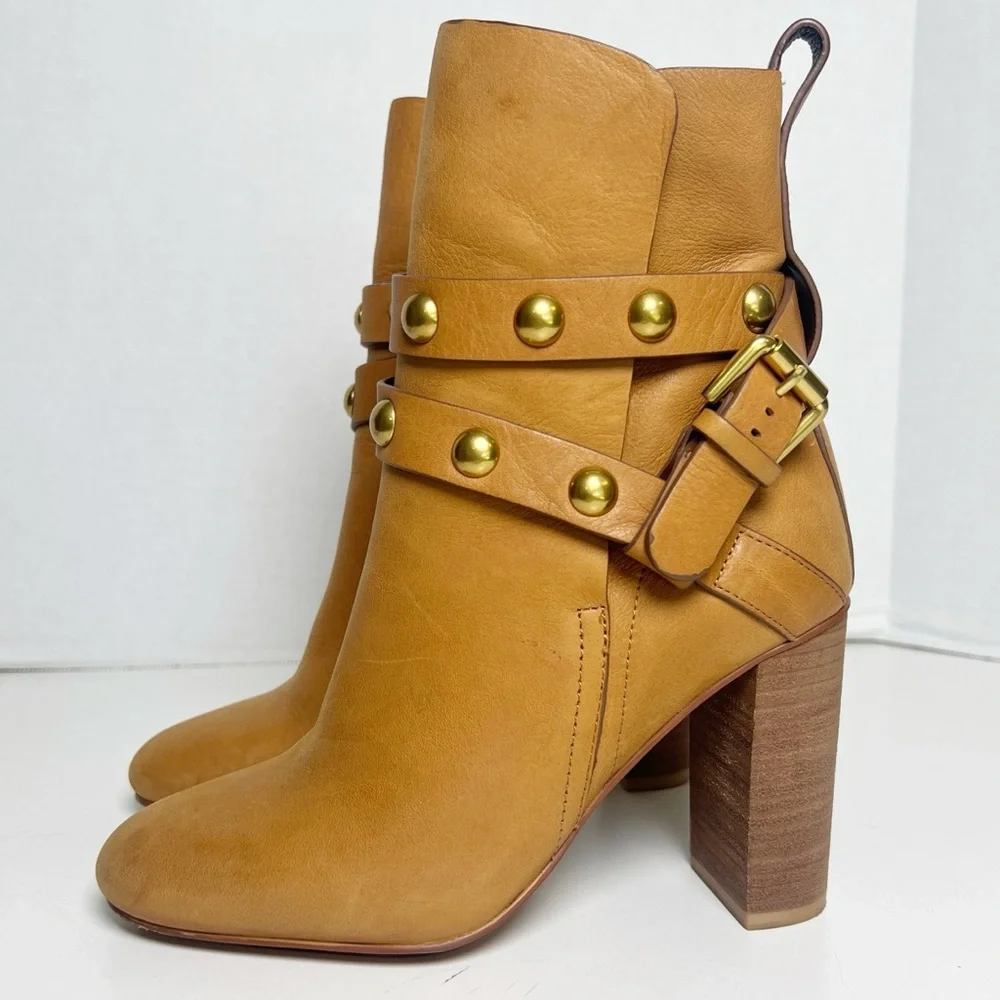 •SEE BY CHLOE• Janis Heeled Bootie in Brown Leather Gold Studded Size EU 35/US 5